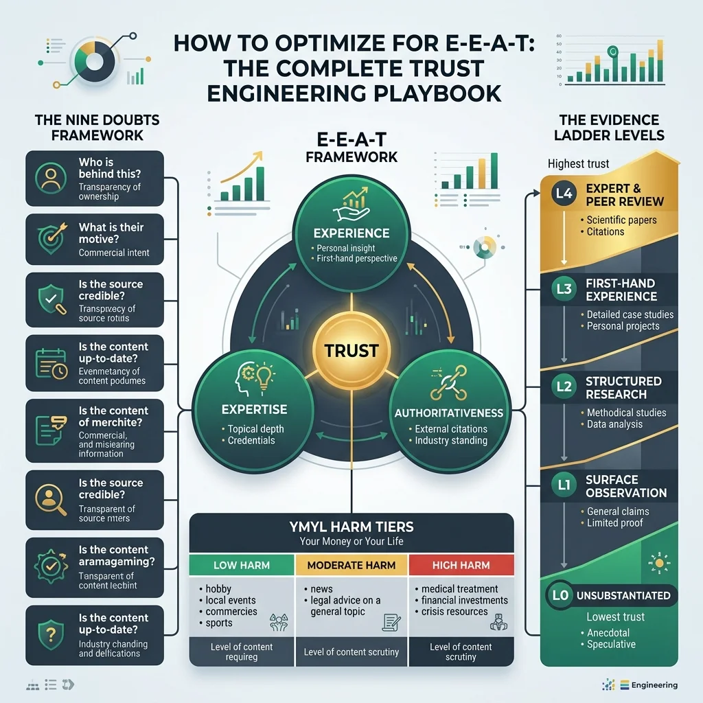 How to Optimize for E-E-A-T: The Nine Doubts Framework, Evidence Ladder Levels (L0-L4) & YMYL Harm Tiers