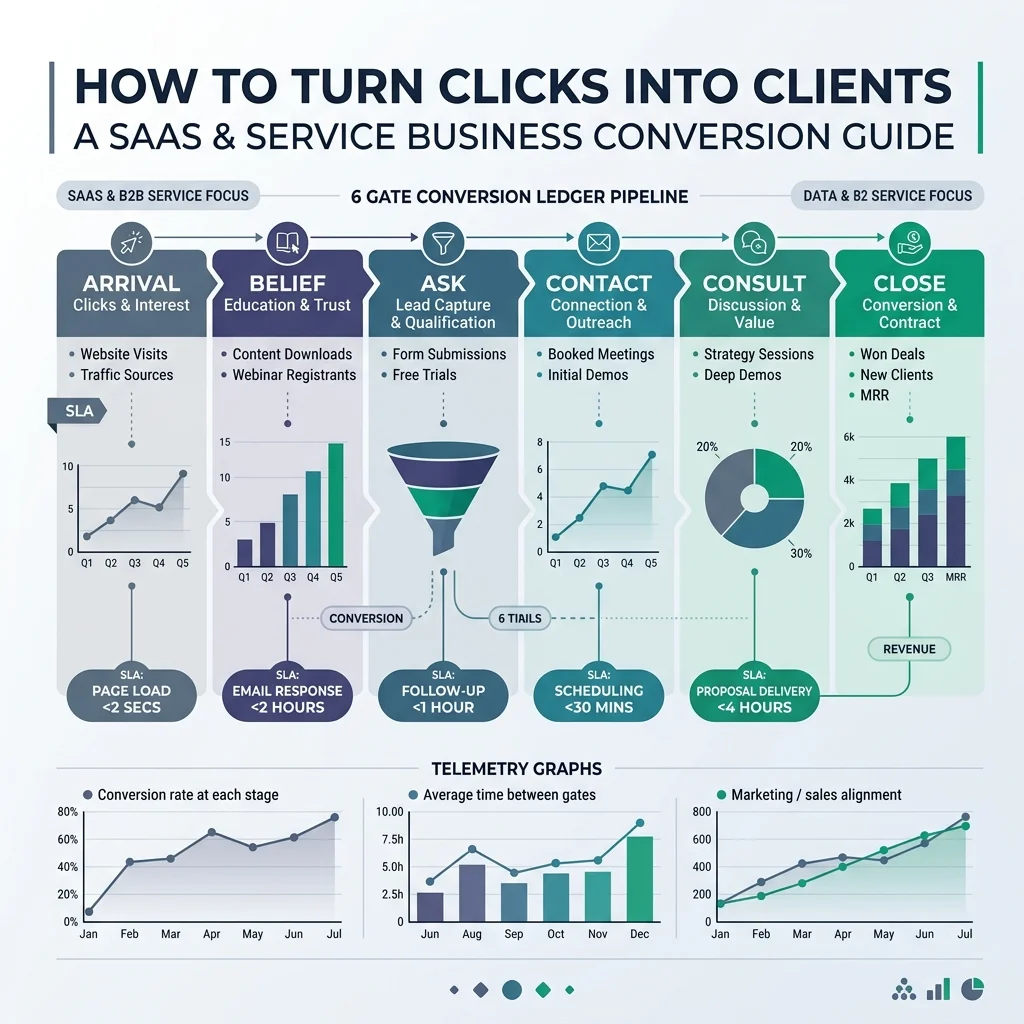 How to Turn Clicks Into Clients: 6-Gate Click-to-Client Ledger, Response Time SLA & Conversion Framework
